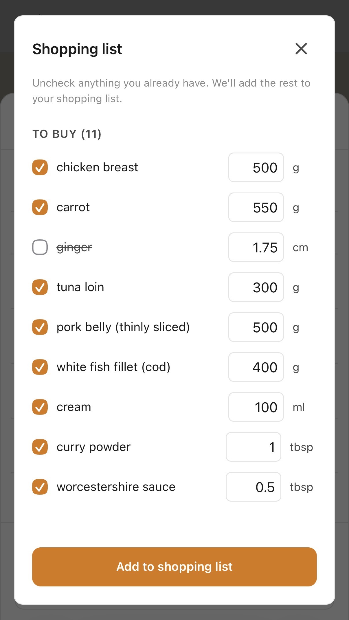 Shopping list review modal with 11 items, quantities, and check-to-include controls