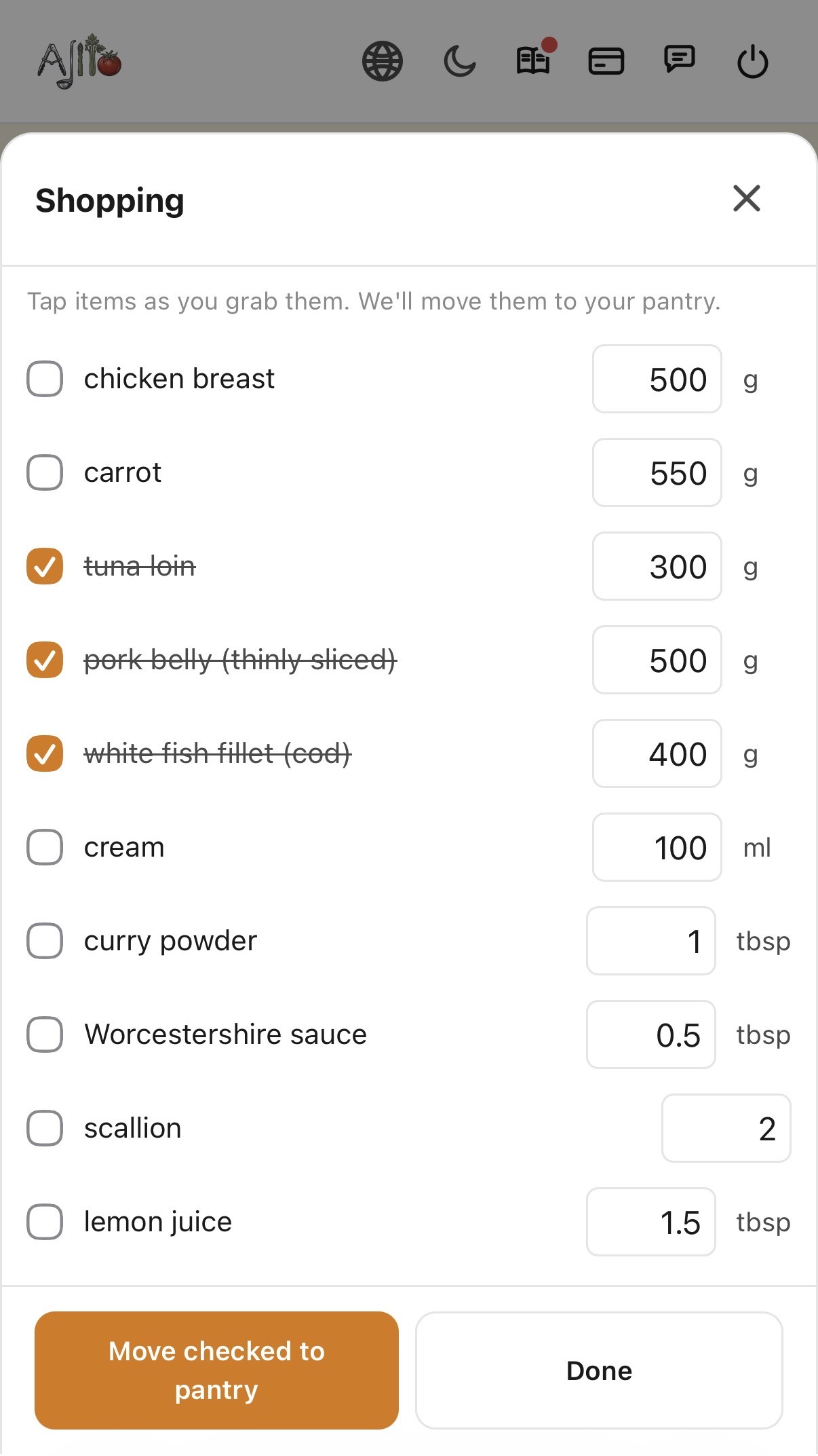 Shop mode showing grabbed items struck through and ready to move to pantry
